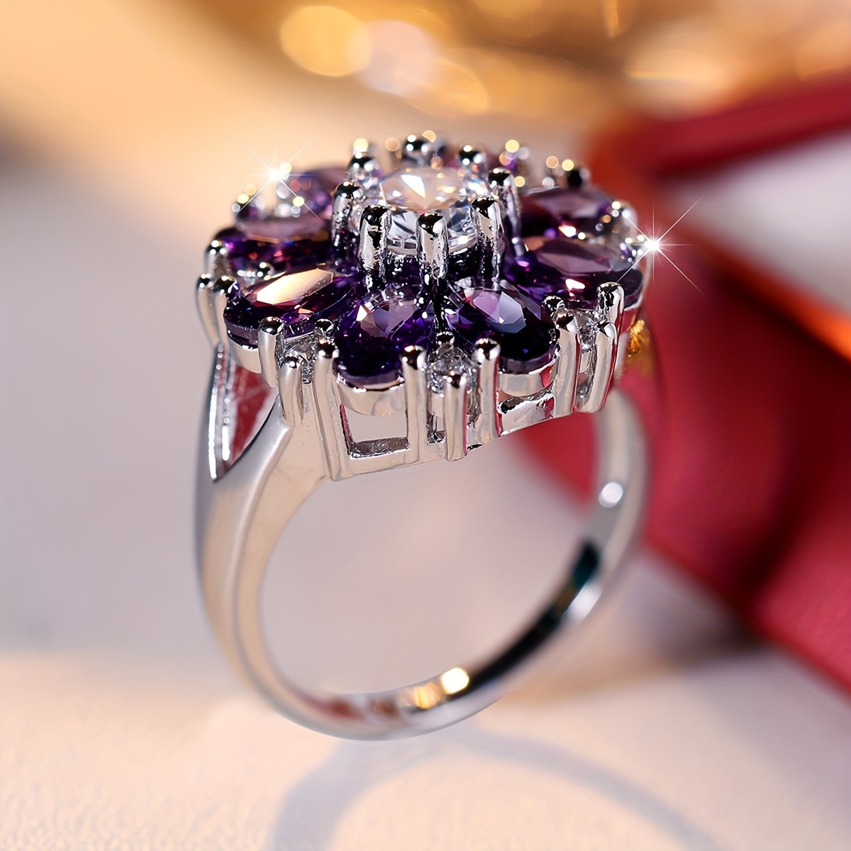 Promise Ring Dainty Flower Purple Zirconia Wedding Ring